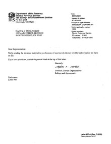 Letter addressed to the "Applicant," Wikimedia Endowment, determining it to be exempt from federal income tax under Internal Revenue Code 501(c)(3).