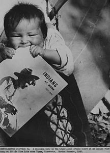 Chippewa baby teething on "Indians at Work" magazine while strapped to a cradleboard at a rice lake in 1940.