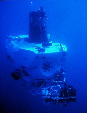 Alvin in 1978, a year after first exploring hydrothermal vents. The rack hanging at the bow holds sample containers.