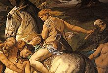 Részlet Anselm Feuerbach német klasszicista festő ’Amazonok csatája’ című képéből. A jeleneten harcos asszony látható lóháton, kezében kétfejű fejszét, labrüszt tart.