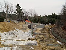 A construction site next to a railroad line