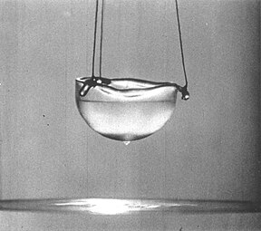 The liquid helium is in the superfluid phase. A thin invisible film creeps up the inside wall of the bowl and down on the outside. A drop forms. It will fall off into the liquid helium below. This will repeat until the cup is empty—provided the liquid remains superfluid.