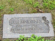 Photo of headstone, which reads "Olli Kinkkonen, 1881–1918, victim of warmongers"