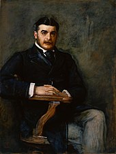 Painting of Sullivan, seated with one leg crossed over the other, looking intently at the artist