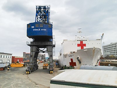 Dockside crane on wide gauge tracks at the former South Boston Naval Annex's Dry Dock Number 3