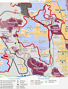 Detailed map of part of the West Bank, showing Palestinian areas surrounded by Israeli settlement areas