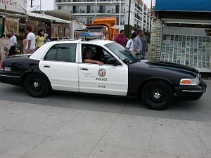 A Black and white police car of the Los Angeles Police Department