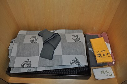 Folded yukata and obi at Shibu Hotel in Yamanouchi, Nagano