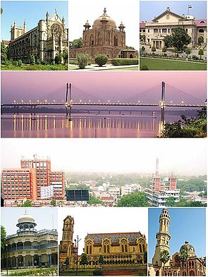 Clockwise from top left: All Saints Cathedral, خسرو باغ, the Allahabad High Court, the New Yamuna Bridge near Sangam, skyline of سول لائنز، الہ آباد, the یونیورسٹی الٰہ آباد, Thornhill Mayne Memorial at Alfred Park and Anand Bhavan.