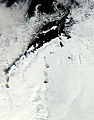 Clear view of the Antarctic Peninsula, the Larsen Ice Shelf and the sea ice-covered waters around the region
