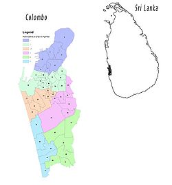 কলম্বোর মানচিত্রে এর প্রশাসনিক জেলাগুলি দেখানো হয়েছে