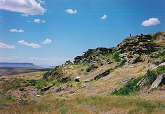 Ulm Pishkun. Buffalo jump, SW of Great Falls, Montana. The Blackfoot drove bison over cliffs in the autumn to secure the winter supply. The Blackfoot used pishkuns as late as the 1850s.[116]