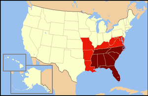 A map of the United States with the Southeastern United States (in dark red) and states less frequently but sometimes considered part of the region (in light red)