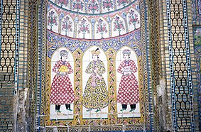 Wall painting depicting three Qajari figures.