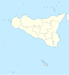 Mapa konturowa Sycylii, u góry po prawej znajduje się punkt z opisem „Frazzanò”