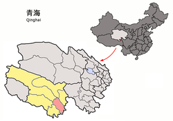 Yushu (red) in Yushu Tibetan Autonomous Prefecture (yellow) and Qinghai