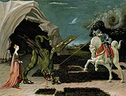 Paolo Uccello's 1470 Saint George and the Dragon, illustrating a separate legend that became confused with the story of Perseus and Andromeda, introducing a horse for the hero[1]