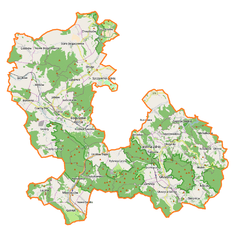 Mapa konturowa powiatu wałbrzyskiego, blisko centrum na lewo znajduje się punkt z opisem „Boguszów-Gorce”