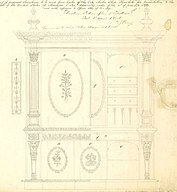 hand drafted front view of an ornate secretaire