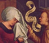 Før 1700-talet blei tale i europeisk billedkunst ofte formidla med tekst på banderolar, band, flagg, skriftrullar og papirark. Bildeutsnitt frå «Sankt Anna og engelen» måla av Bernhard Strigel i 1506.