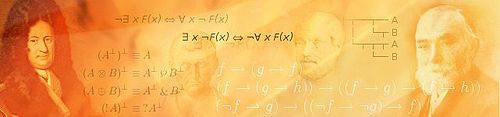 A red-orange banner compositing mathematical subject. Images include mathematical formulae, Gottfried Leibniz, Aristotle and Gottlob Frege.
