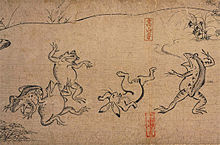 Four frogs and a rabbit in human form frolicking.