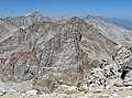 Mts. Corcoran / Le Conte centered, seen from Mt. Langley. (Mount Whitney upper left).