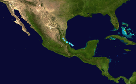 A map plotting the path of Tropical Storm Bret from the Bay of Campeche into eastern Mexico