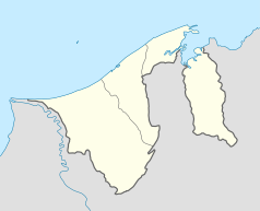 Mapa konturowa Brunei, u góry po prawej znajduje się punkt z opisem „Pulau Selirong”