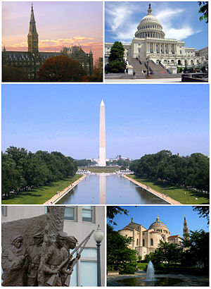 위 왼쪽: 조지타운 대학교, 위 오른쪽: 미국 국회의사당, 가운데: 워싱턴 기념탑, 아래 왼쪽: 미국 남북전쟁 기념관, 아래 오른쪽: 워싱턴의 바실리카 성당