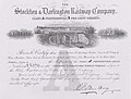 Railway company share certificate including engraving of Skerne Bridge
