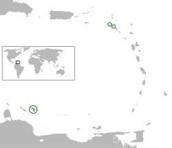 Location of the Caribbean Netherlands (green and circled). From left to right: Bonaire, Saba, and Sint Eustatius