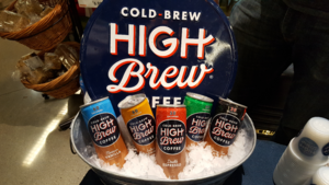 5 varieties of High Brew-branded cans in a tub of ice