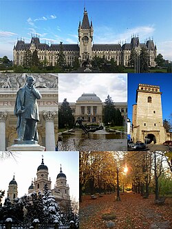 Frae top left: Palace o Cultur, Vasile Alecsandri Statue in front o the National Theatre, Alexandru Ioan Cuza University, Golia Tower, Metropolitan Cathedral, an the Botanical Garden