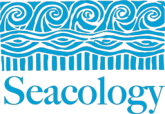 The logo of Seacology, showing waves, stripes, and landmasses above the name Seacology