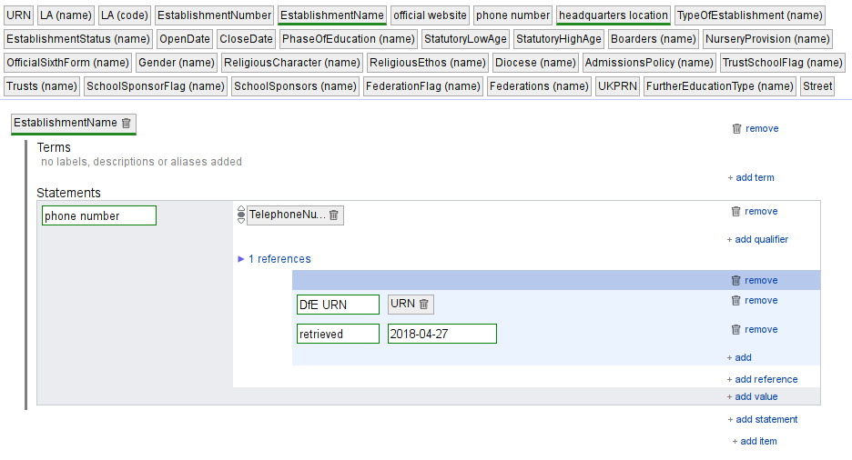 Screenshot of an OpenRefine project as part of a tutorial about Wikidata import. Final schema.