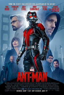 Official poster shows Ant-Man in his suit, and introduces a montage of him starts to shrink with his size-reduction ability, with a montage of helicopters, a police officer holds his gun, two men in suit and tie and sunglasses and the film's villain Darren Cross is walking with them smiling, Paul Rudd as Scott Lang, Michael Douglas as Hank Pym, and Evangeline Lilly as Hope van Dyne with the film's title, credits, and release date below them, and the cast names above.