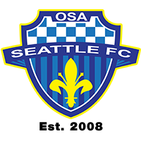 OSA Seattle FC emblem: A blue striped and checkered shield is adorned with the words "OSA" across the top and "SEATTLE FC" across the middle. And below is a yellow Fleur-de-lis.