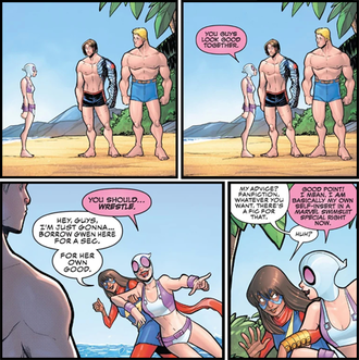 Comic panel from "Gwenpool Strikes Back" #3 in which Gwenpool comments that Steve Rogers and Bucky Barnes should wrestle, and Kamala Khan privately tells her to read fanfiction