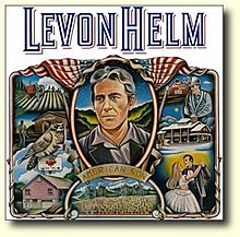 Old-fashioned illustration of Levon Helm framed by scenes of rural Americana