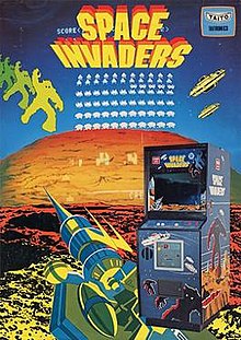 A flyer for Space Invaders: An arcade display on the bottom-right corner is shown over a laser cannon surrounded by aliens and saucers; The background contains the screen against a background of a canyon and a block mountain; The Space Invaders and Taito logos are displayed on the top of the poster.