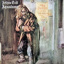 A painting depicting a bearded, long-haired man standing hunched over and reaching into his long coat. At top left is white text reading "Jethro Tull" and "Aqualung" set in a blackletter typeface.