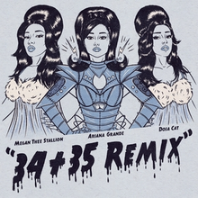 Cover art for the "34+35" remix: a stylized drawing of Ariana Grande as a fembot alongside Doja Cat and Megan Thee Stallion, laid over a light blue background