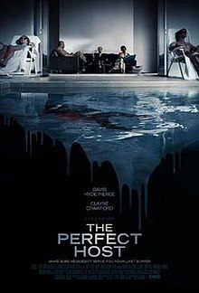 Several people recline at leisure while a body floats face-down in a pool in front of them. The image cuts to black horizontally along the middle of the poster, the edge like a torn line with drips of thick liquid running down, with titles below in white lettering.