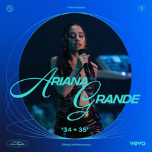 Cover art for the official live performance of "34+35": Ariana Grande singing with a microphone, surrounded by a blue circular frame