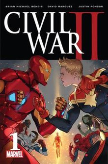 Cover of Civil War II #1 showing Iron Man and Captain Marvel standing opposed to each other in the forefront with fists raised. Other superheroes, divided by a mysterious figure in a column of light, are standing behind them in the background.