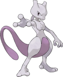 A large white and purple creature standing upright with its right arm outstretched towards the viewer. It has a feline-shaped head, long purple tail and stomach, enlarged thighs, three fingers, and two toes.