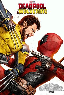 Deadpool holds crossed katanas that reflect Wolverine's face.