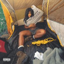 Cover art variant for "Lana": SZA in a yellow camping tent, taking off her grey shirt