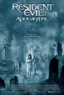 Film poster showing the film's title with the subtext "My name is Alice and I remember everything". A woman is in the center walking through a graveyard holding a gun in one hand and a white towel around her body with the other.